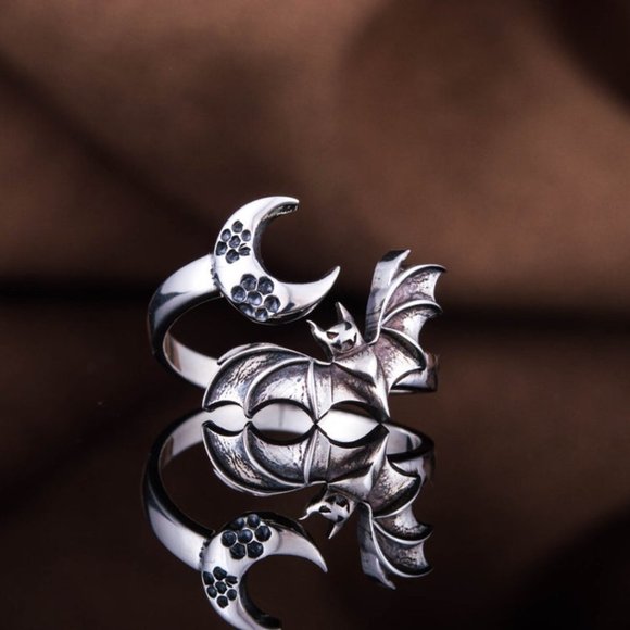 Bat & Crescent Moon Silver Adjustable Open Ring - Picture 6 of 8
